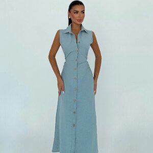 Sleeveless Maxi Shirt Dress With Notched Neck - Brand: EYYO ATELIER - Women & Kids, Baby Clothes Wholesale - TheBS Women