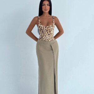 Khaki Elegant High Waist Wrap Maxi Skirt - Brand: EYYO ATELIER - Women & Kids, Baby Clothes Wholesale - TheBS Women