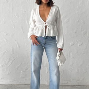 White Floral Blouse With Plunging Neck - Brand: Topshow - Women & Kids, Baby Clothes Wholesale - TheBS Women