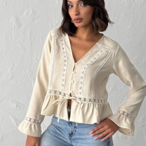 Beige Boho Ruffle Sleeve Blouse - Brand: Topshow - Women & Kids, Baby Clothes Wholesale - TheBS Women