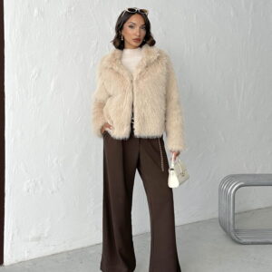 Beige Fur Crop Jacket With Notched Collar - Elegant & Glam - Brand: Topshow - Women & Kids, Baby Clothes Wholesale - TheBS Women