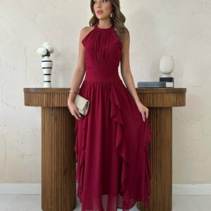 Ruffle Front Dress - Burgundy - Brand: Elisa - Women & Kids, Baby Clothes Wholesale - TheBS Women