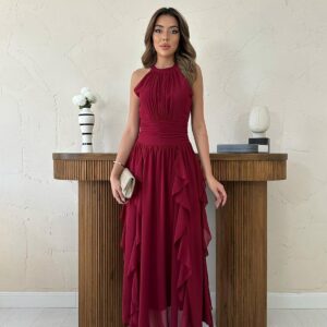 Ruffle Front Dress - Burgundy - Brand: Elisa - Women & Kids, Baby Clothes Wholesale - TheBS Women