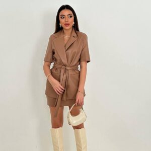 Leather Jacket And Skirt Set - Tan - Brand: Elisa - Women & Kids, Baby Clothes Wholesale - TheBS Women