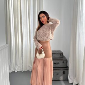 Pleated Bottom Leather Garnished Skirt - Brand: Elisa - Women & Kids, Baby Clothes Wholesale - TheBS Women