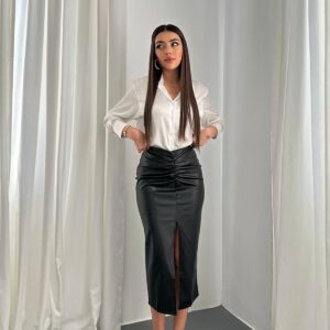 Gather Detailed Leather Skirt - Black - Brand: Elisa - Women & Kids, Baby Clothes Wholesale - TheBS Women