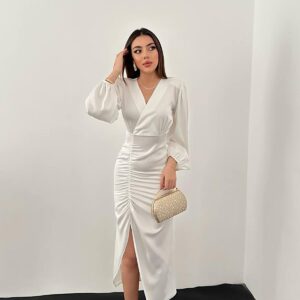 V-Neck Satin Dress - White - Brand: Elisa - Women & Kids, Baby Clothes Wholesale - TheBS Women