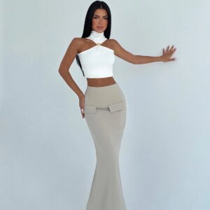 Khaki Wrap Maxi Skirt With High Waist - Elegant & Formal - Brand: EYYO ATELIER - Women & Kids, Baby Clothes Wholesale - TheBS Women