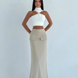 Khaki Wrap Maxi Skirt With High Waist - Elegant & Formal - Brand: EYYO ATELIER - Women & Kids, Baby Clothes Wholesale - TheBS Women