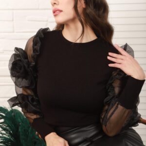 Blouse With Organza Detailed Sleeves - Black - Brand: Elisa - Women & Kids, Baby Clothes Wholesale - TheBS Women