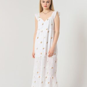 Yellow Floral V-Neck Gathered Dress - White - Brand: Topshow - Women & Kids, Baby Clothes Wholesale - TheBS Women