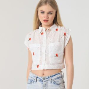 Embroidered Belly Shirt - White & Red - Brand: Topshow - Women & Kids, Baby Clothes Wholesale - TheBS Women