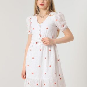 Red Knee Length Floral Dress - White - Brand: Topshow - Women & Kids, Baby Clothes Wholesale - TheBS Women