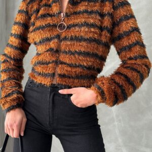 Brown Black Striped Zippered Plush Coat - Brand: Topshow - Women & Kids, Baby Clothes Wholesale - TheBS Women