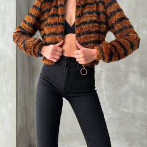 Brown Black Striped Zippered Plush Coat - Brand: Topshow - Women & Kids, Baby Clothes Wholesale - TheBS Women