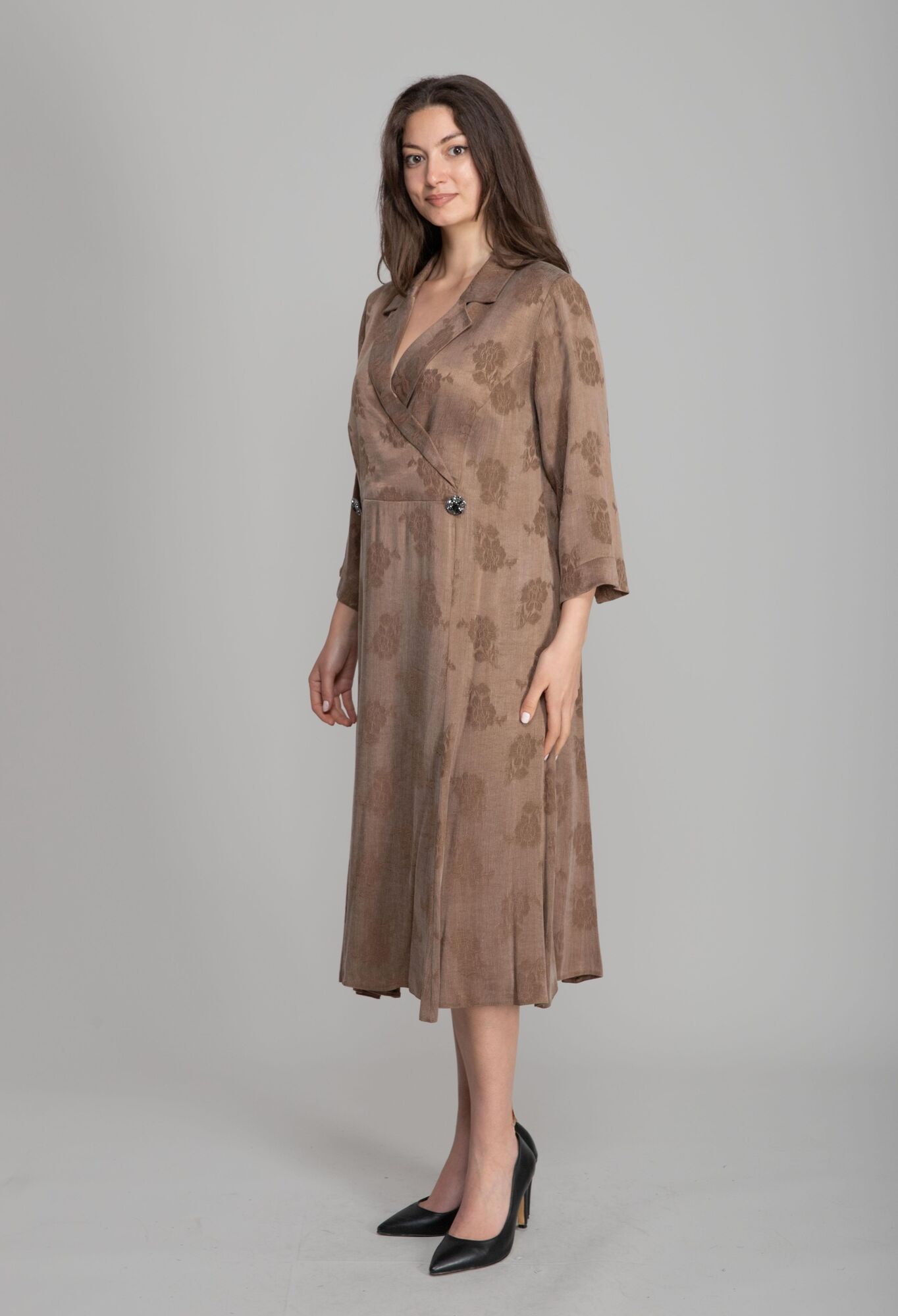 Brown Floral Wrap Dress With Notched Neck - Brand: GUMANIZE - Women & Kids, Baby Clothes Wholesale - TheBS Women