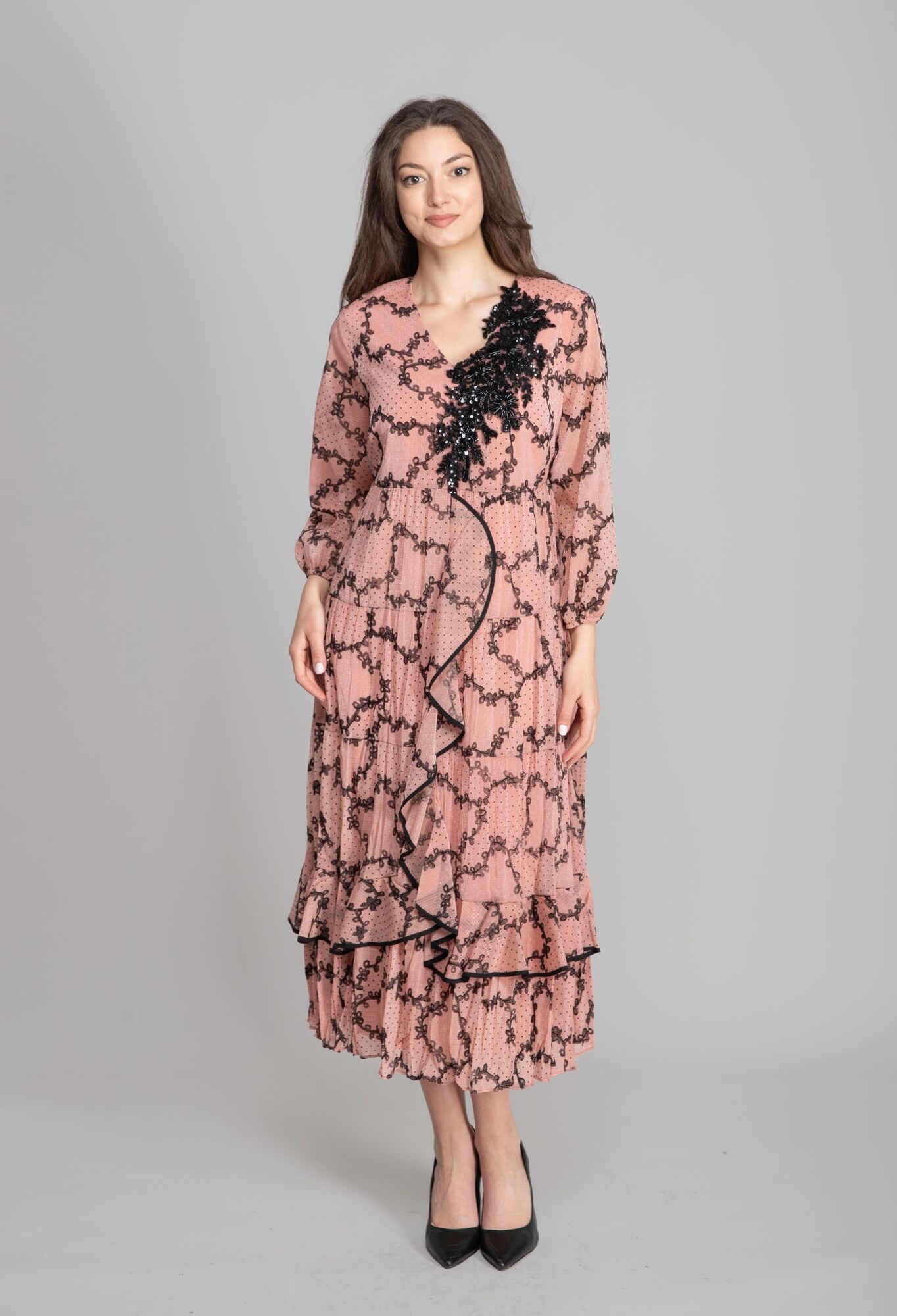 Pink Fit And Flare Dress With V-Neck And Long Sleeves - Brand: GUMANIZE - Women & Kids, Baby Clothes Wholesale - TheBS Women