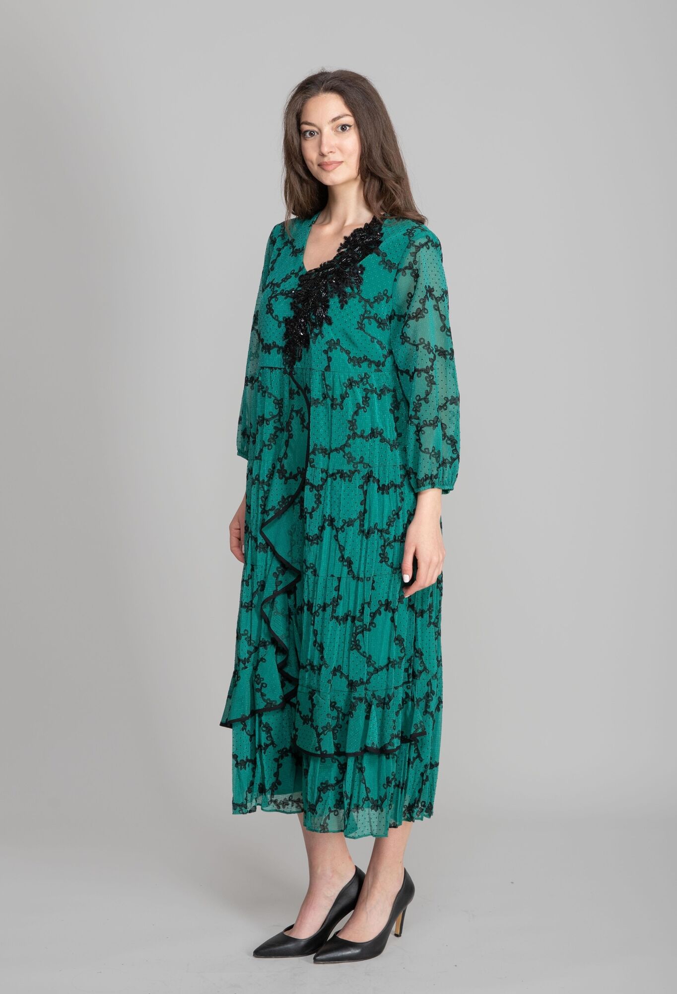 Elegant A-Line Midi Dress With V-Neck And 3/4 Sleeves - Brand: GUMANIZE - Women & Kids, Baby Clothes Wholesale - TheBS Women