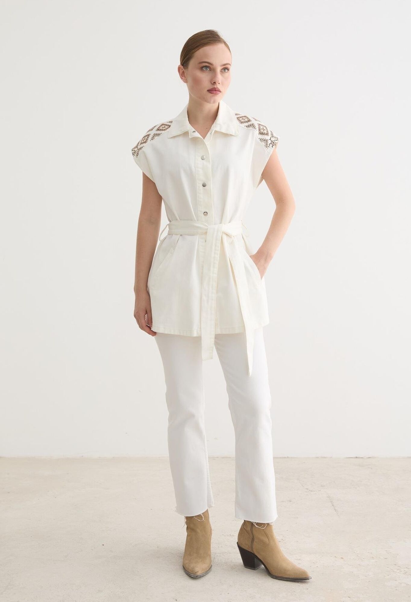 White Ethnic Long Vest With Buttoned Closure - Brand: Levure - Women & Kids, Baby Clothes Wholesale - TheBS Women