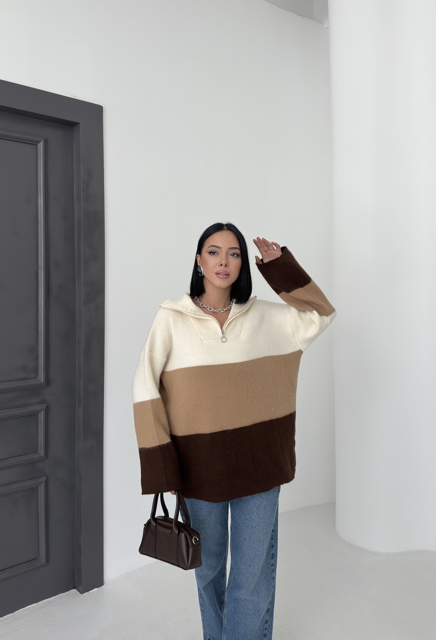 Beige Sweater With Oversized Fit And Shawl Collar - Brand: My Fashion - Women & Kids, Baby Clothes Wholesale - TheBS Women