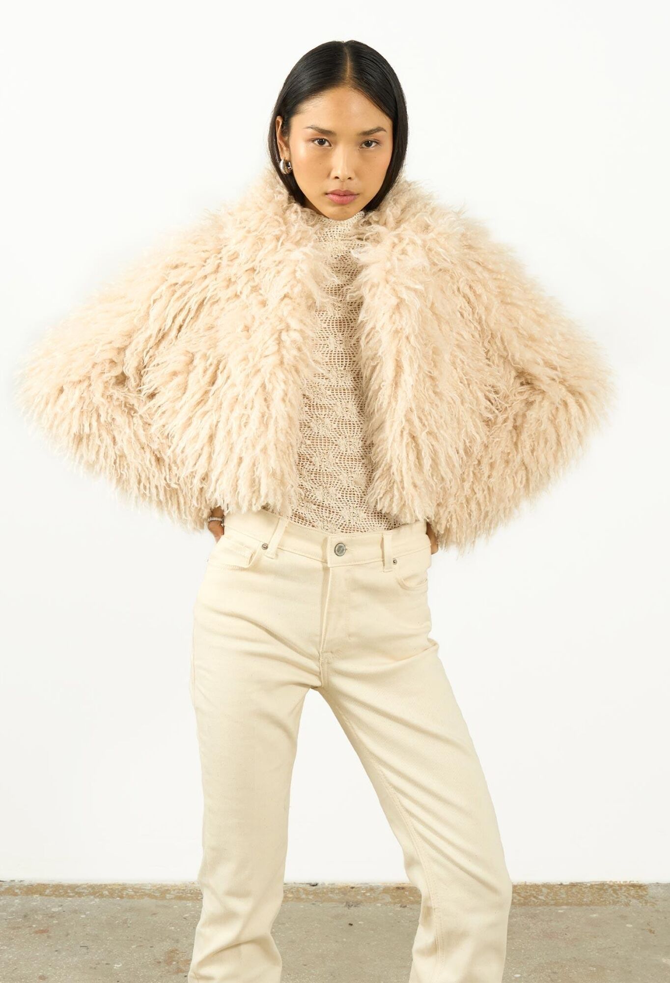 Beige Glam Fur Oversized Fit Jacket - Brand: Juste - Women & Kids, Baby Clothes Wholesale - TheBS Women