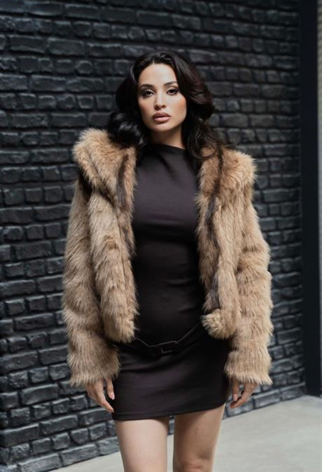 Brown Fur Jacket With Hooded Collar - Brand: Levure - Women & Kids, Baby Clothes Wholesale - TheBS Women