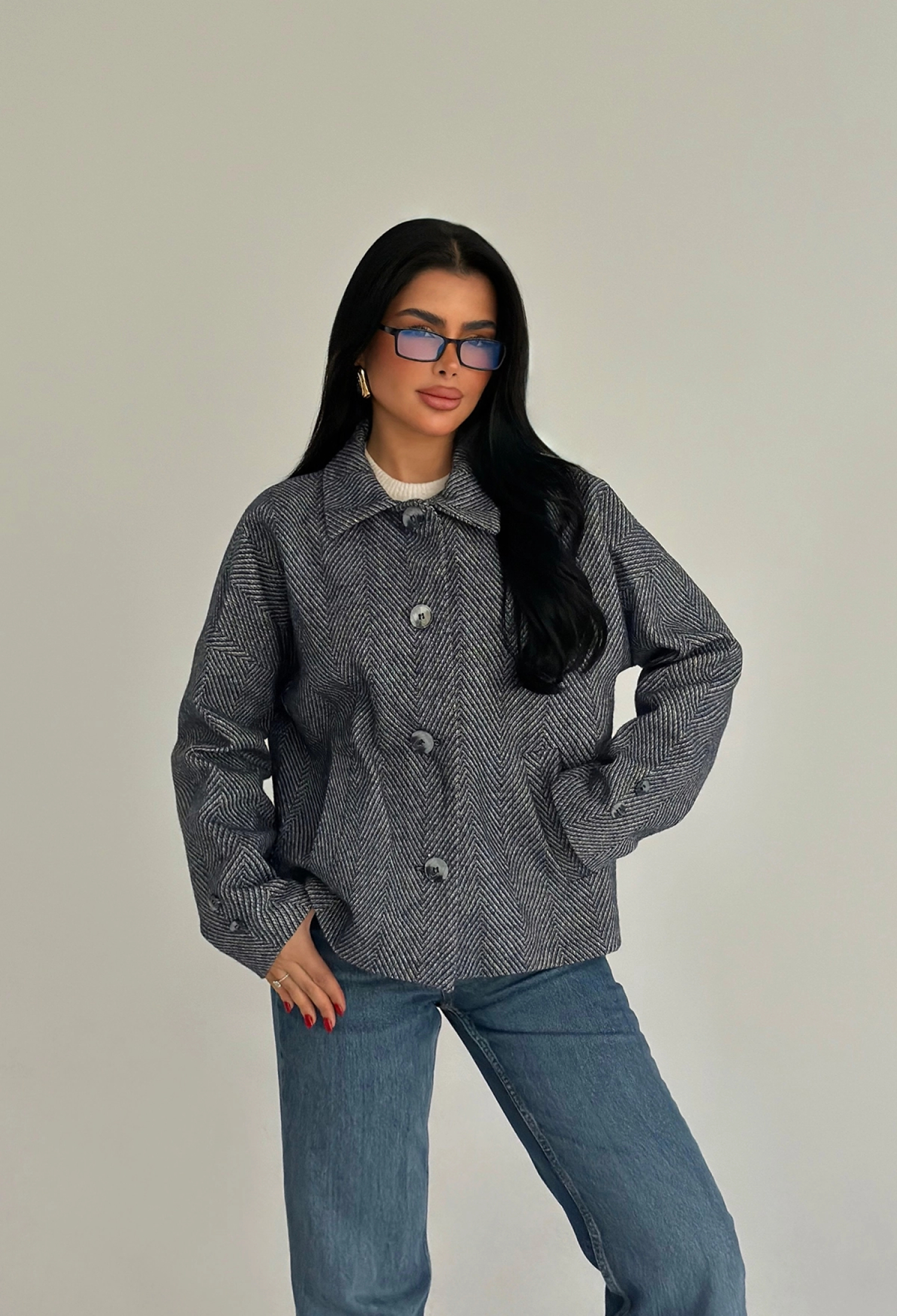 Grey Oversized Fit Herringbone Buttoned Jacket - Brand: EYYO ATELIER - Women & Kids, Baby Clothes Wholesale - TheBS Women