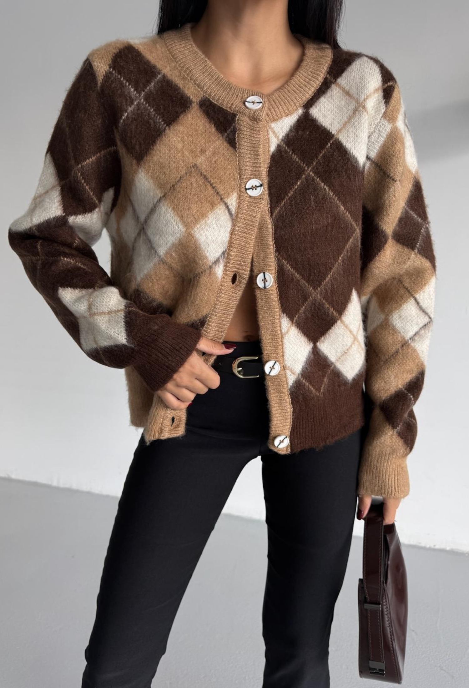 Brown Argyle Cardigan With Buttoned Closure - Brand: Black Fashion - Women & Kids, Baby Clothes Wholesale - TheBS Women