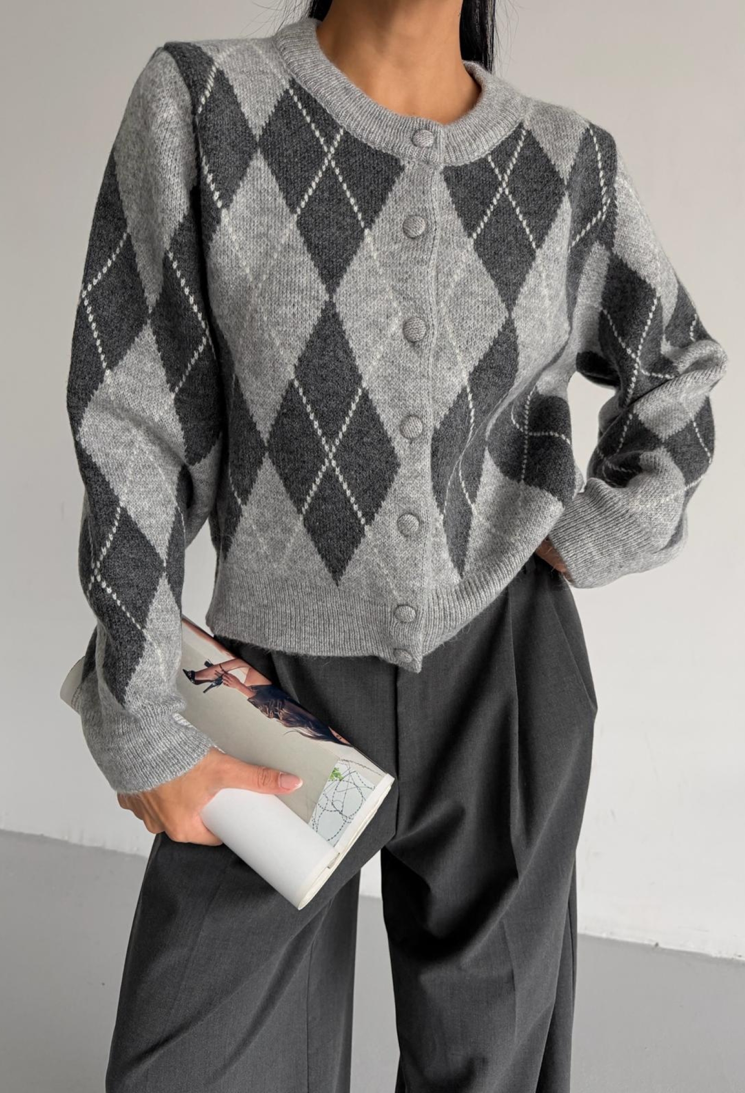 Grey Argyle Retro Cardigan - Brand: Black Fashion - Women & Kids, Baby Clothes Wholesale - TheBS Women