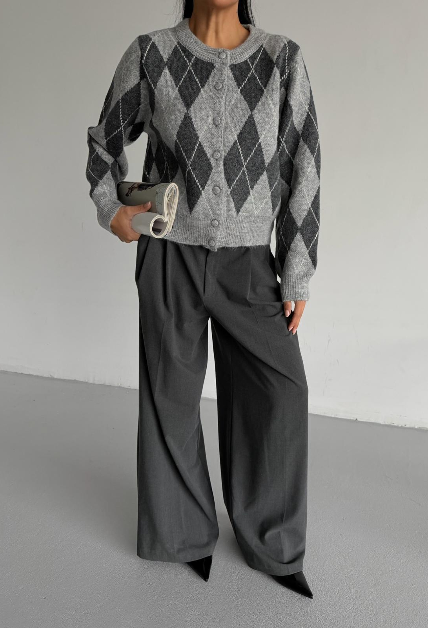 Grey Argyle Retro Cardigan - Brand: Black Fashion - Women & Kids, Baby Clothes Wholesale - TheBS Women