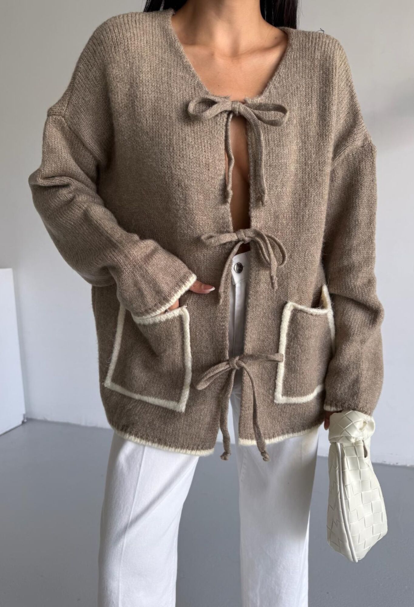 Beige Cardigan With Oversized Fit And Tie Closure - Brand: Black Fashion - Women & Kids, Baby Clothes Wholesale - TheBS Women