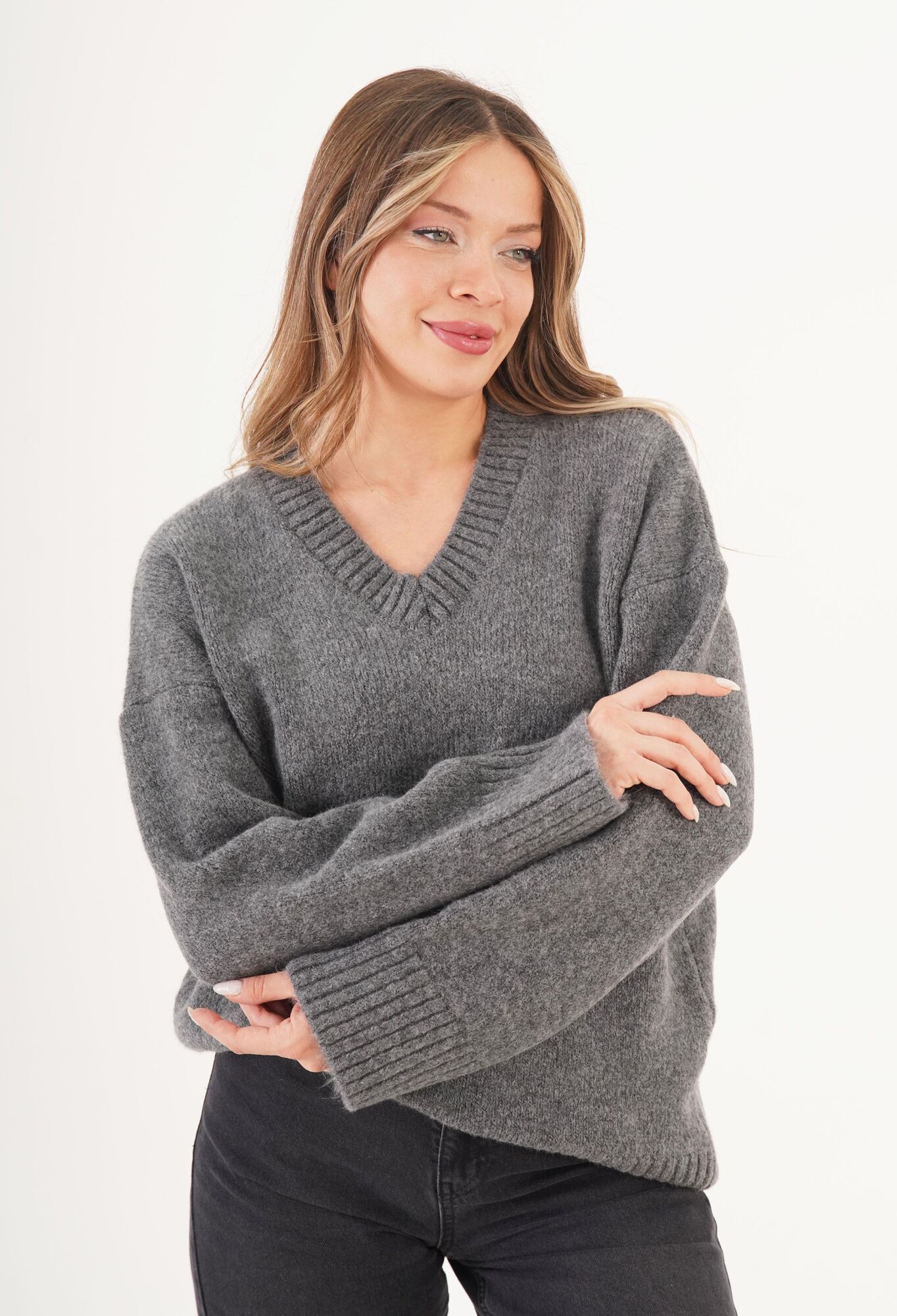 Grey Oversized Fit V-Neck Sweater - Brand: Lustrin - Women & Kids, Baby Clothes Wholesale - TheBS Women