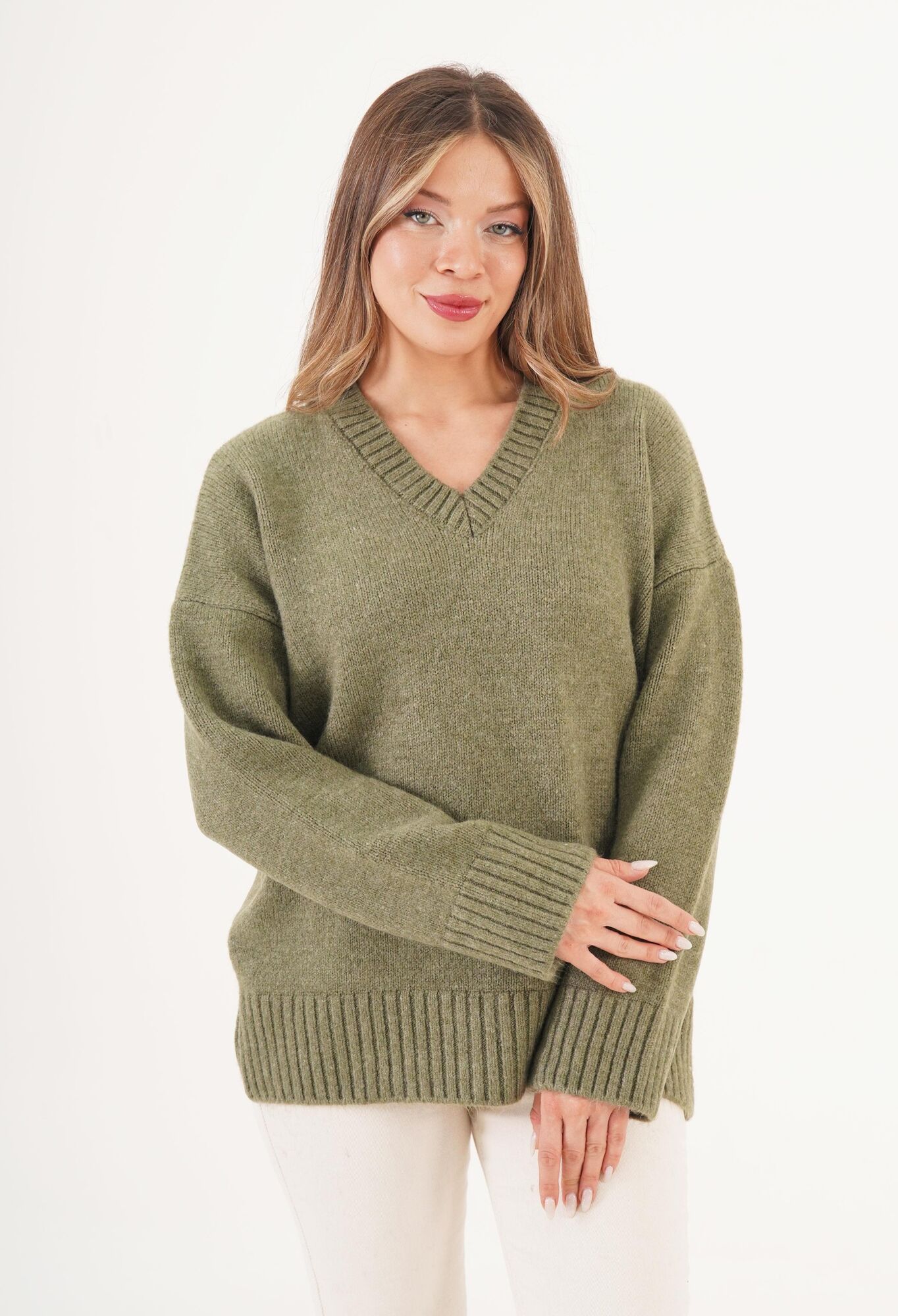 Green Oversized V-Neck Sweater - Brand: Lustrin - Women & Kids, Baby Clothes Wholesale - TheBS Women