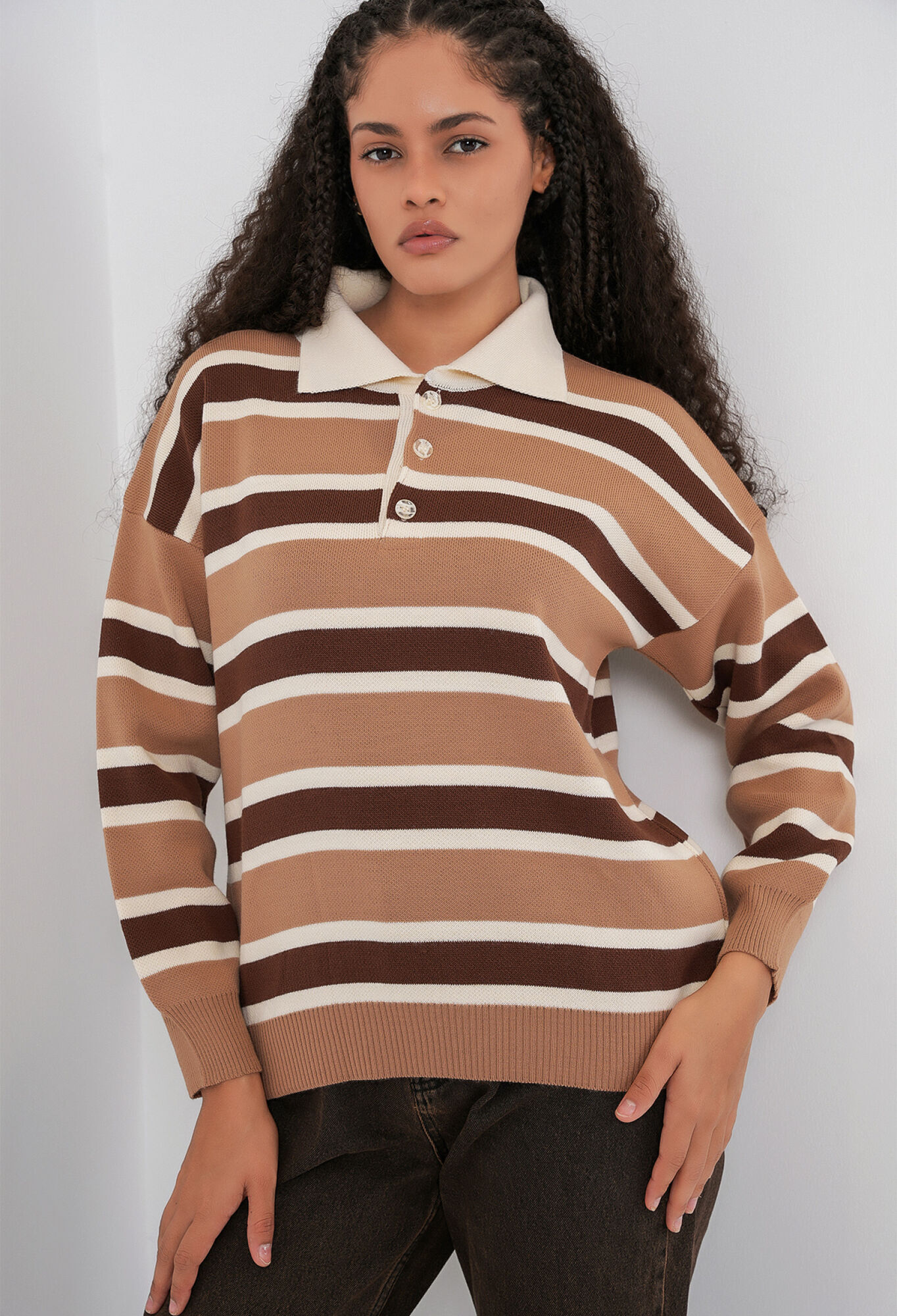 Beige Sweater With Striped Pattern And Polo Neck - Brand: Bigdart - Women & Kids, Baby Clothes Wholesale - TheBS Women