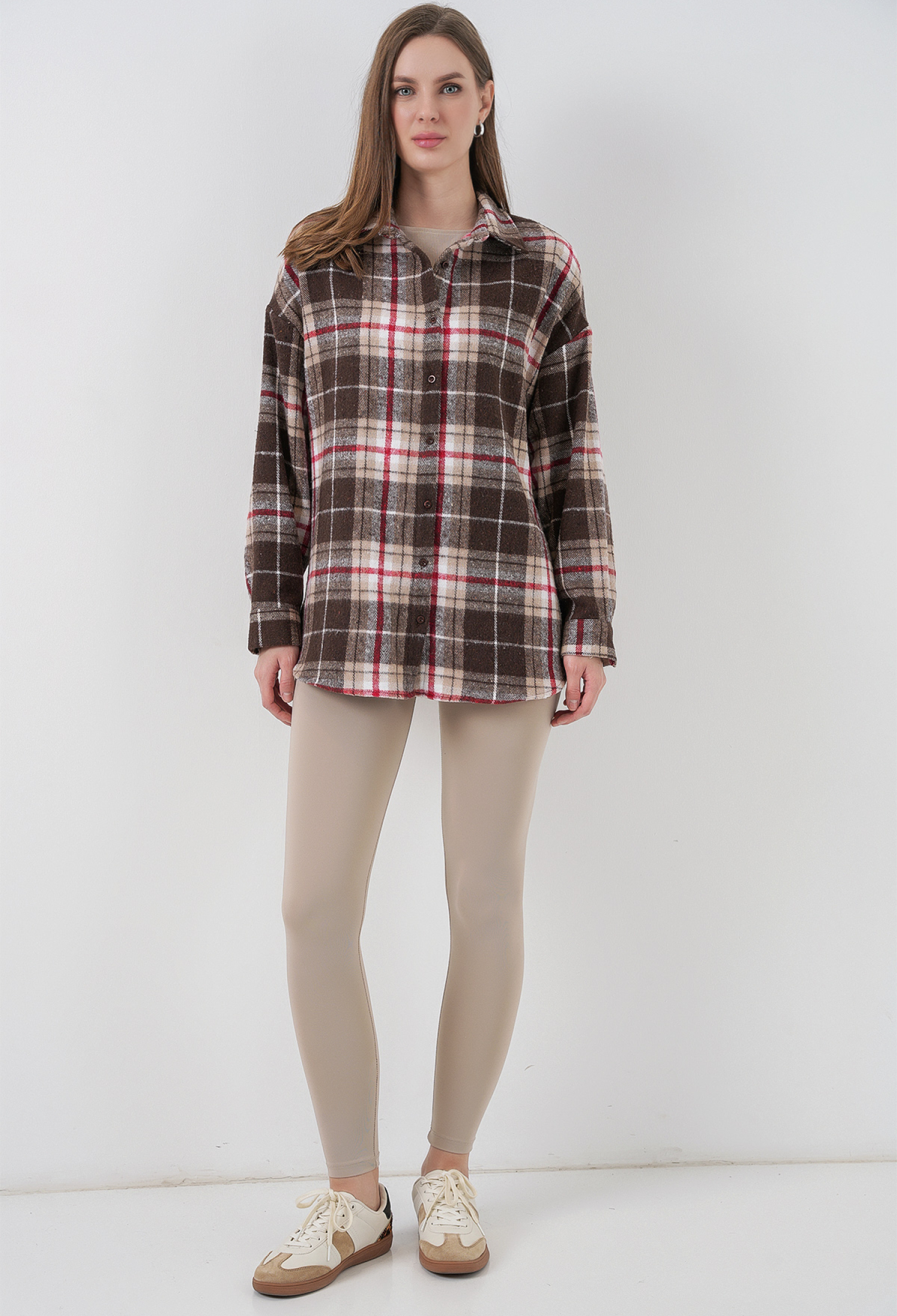 Brown Oversized Fit Plaid Shirt With Shawl Collar - Brand: Bigdart - Women & Kids, Baby Clothes Wholesale - TheBS Women