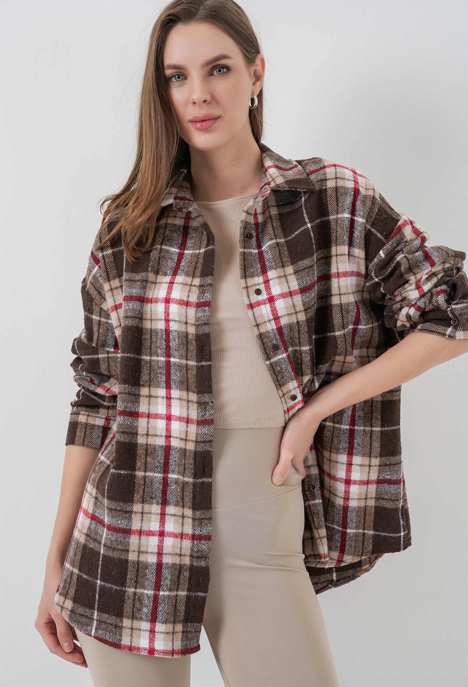 Brown Oversized Fit Plaid Shirt With Shawl Collar - Brand: Bigdart - Women & Kids, Baby Clothes Wholesale - TheBS Women