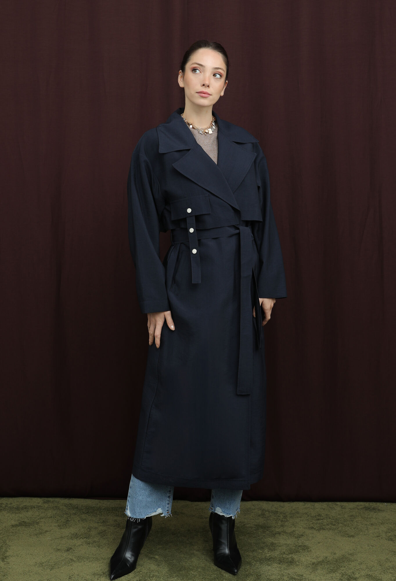 NavyTrenchcoat - Elegant Single-Breasted Wrapover - Brand: Puane - Women & Kids, Baby Clothes Wholesale - TheBS Women