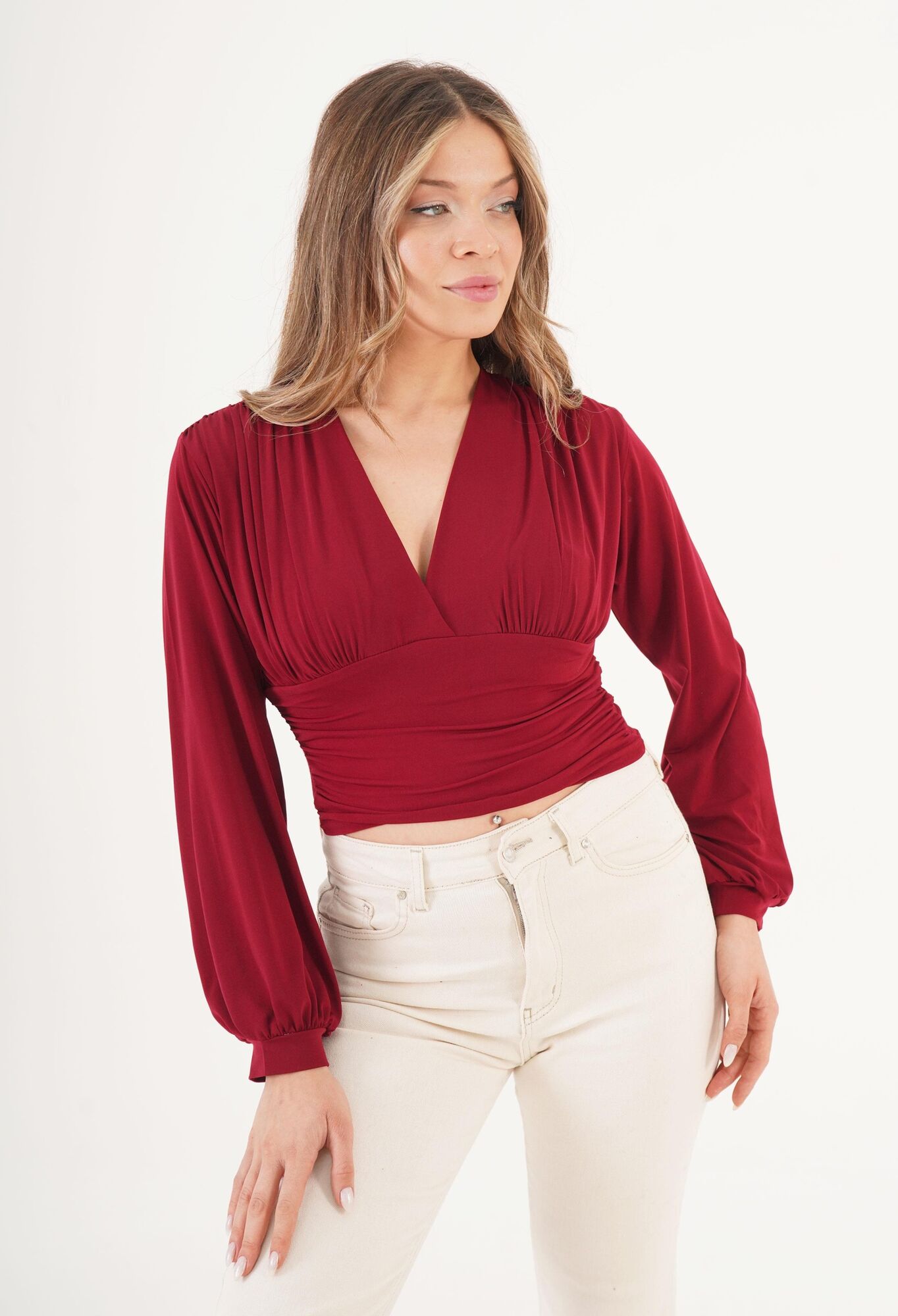 Fitted Crop Blouse With Plunging Neck - Brand: Lustrin - Women & Kids, Baby Clothes Wholesale - TheBS Women