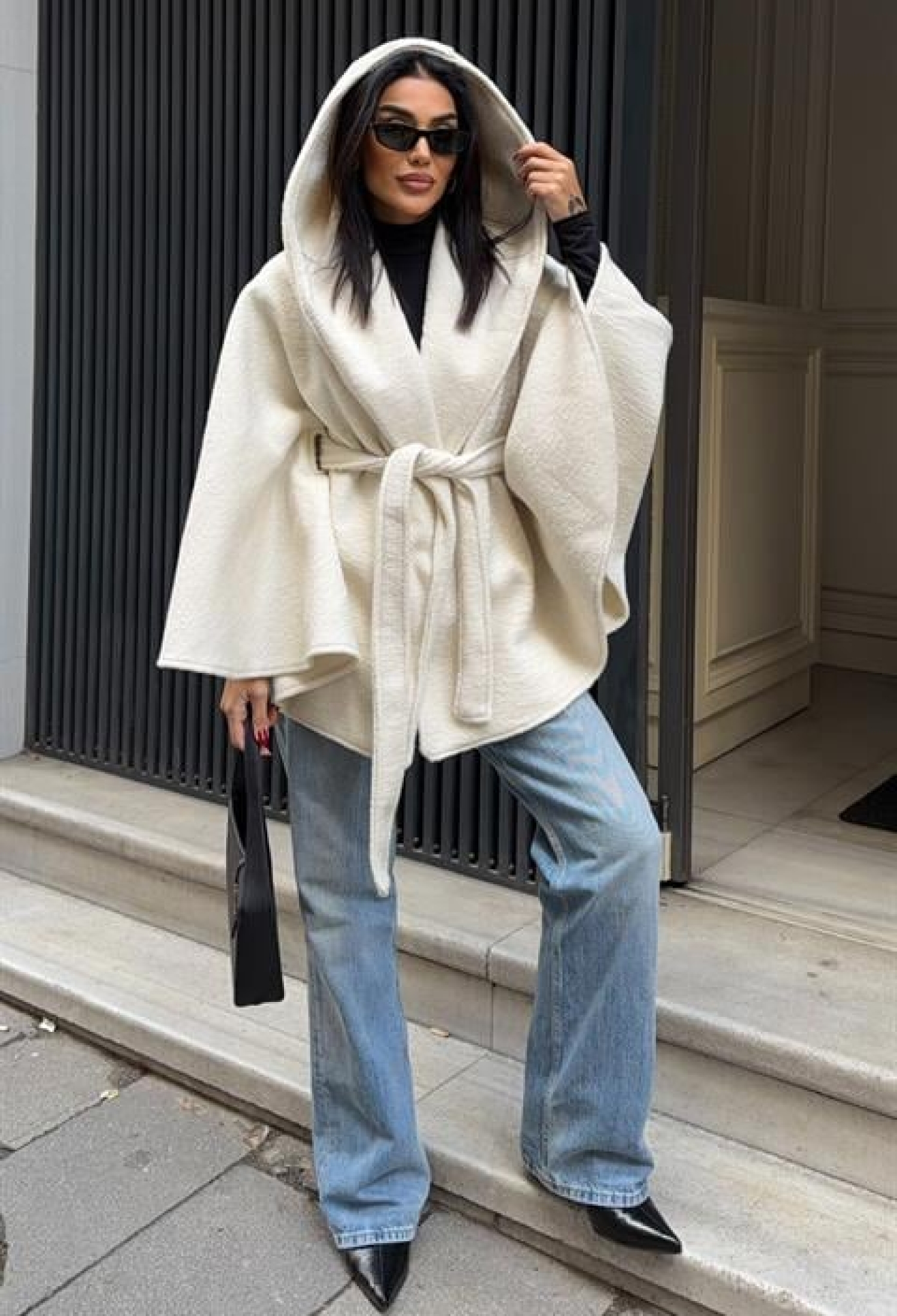 White Casual Poncho With Hooded Neck - Brand: Sobe Istanbul - Women & Kids, Baby Clothes Wholesale - TheBS Women