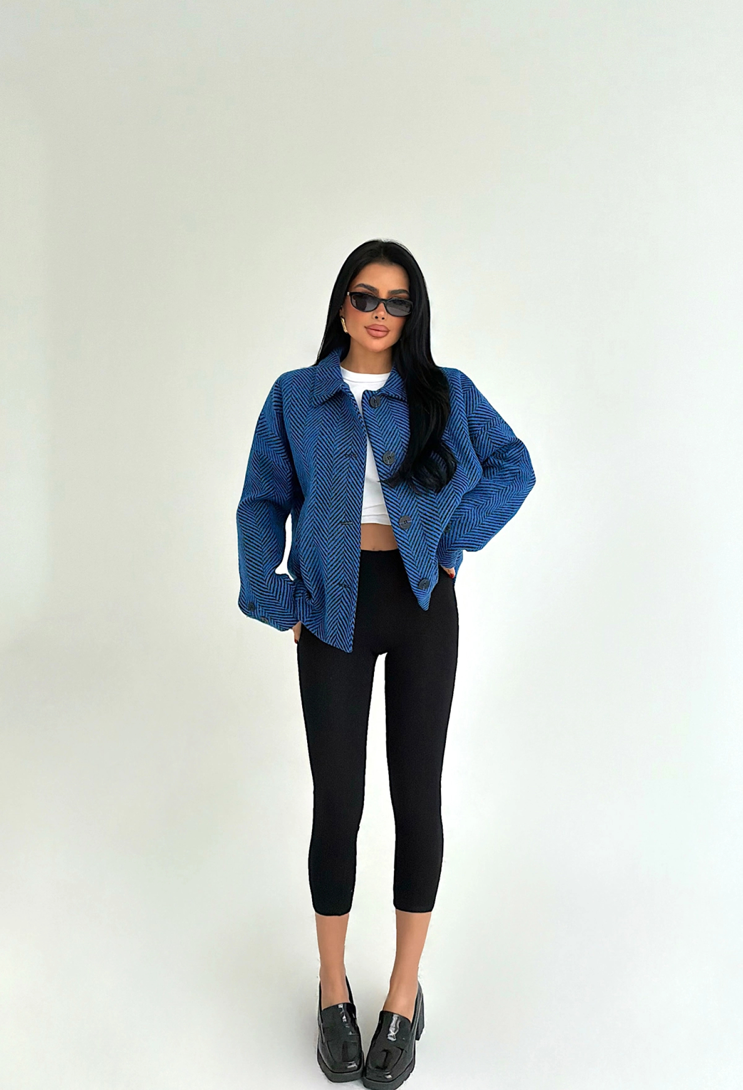 Blue Overshirt Jacket With Herringbone Pattern - Brand: EYYO ATELIER - Women & Kids, Baby Clothes Wholesale - TheBS Women