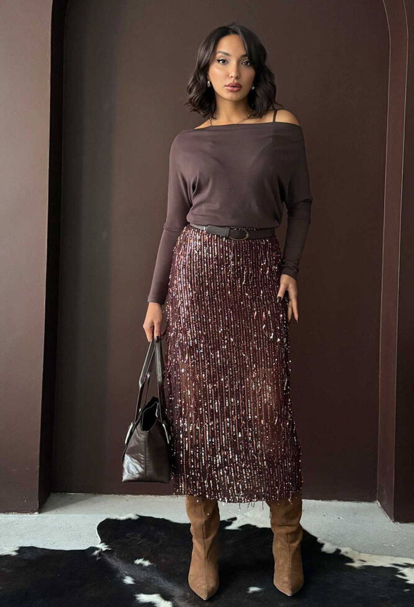 Brown Elegant Pleated Midi Skirt - Brand: Topshow - Women & Kids, Baby Clothes Wholesale - TheBS Women