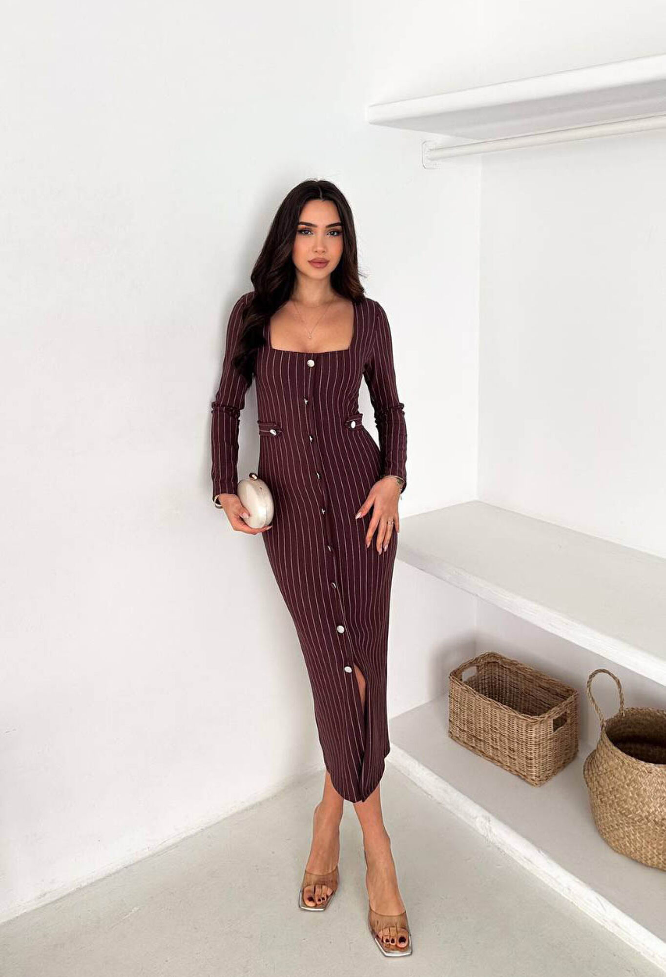 Claret Red Sheath Dress With Striped Pattern - Brand: Mode Roy - Women & Kids, Baby Clothes Wholesale - TheBS Women