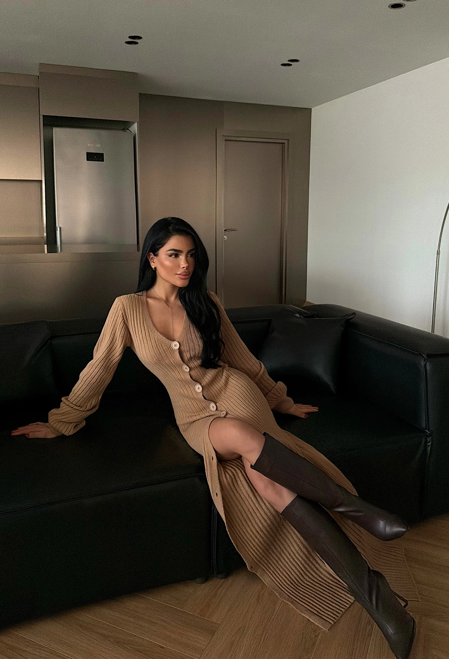 Elegant Beige Sweater Dress With V-Neck - Brand: EYYO ATELIER - Women & Kids, Baby Clothes Wholesale - TheBS Women