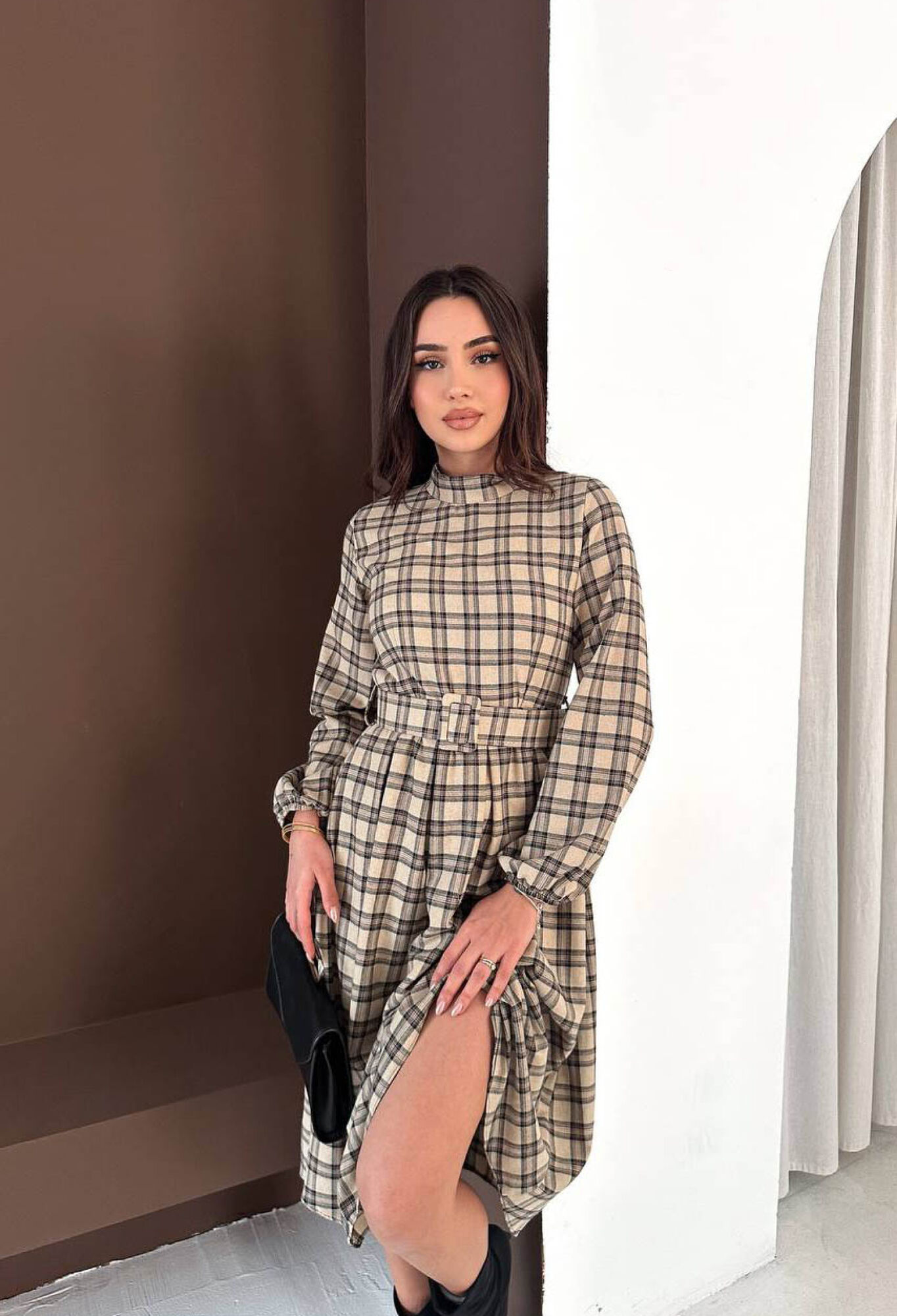 Beige Fit And Flare Checkered Dress With High Neck - Brand: Mode Roy - Women & Kids, Baby Clothes Wholesale - TheBS Women