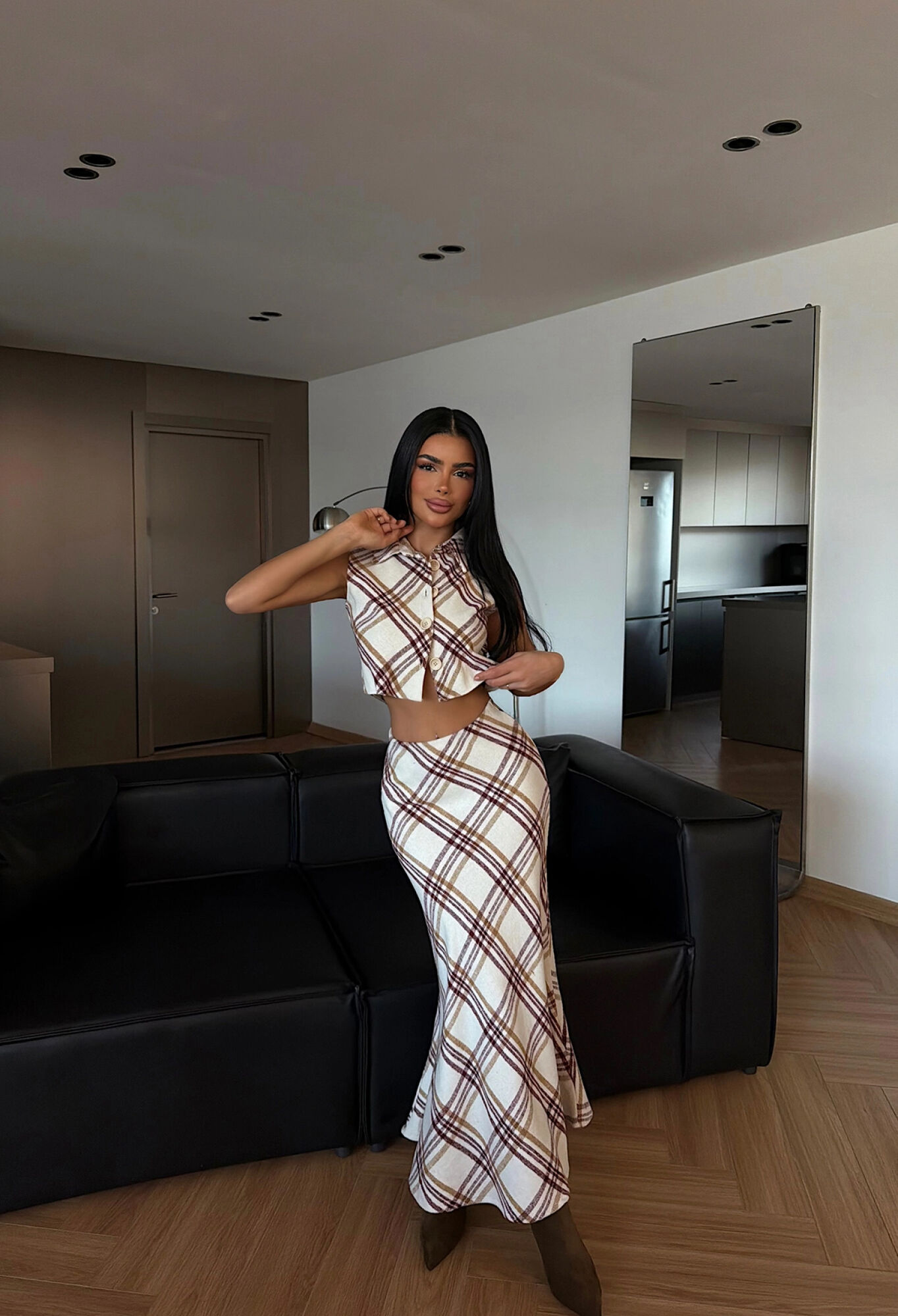 Beige Checkered Slim Fit Mermaid Maxi Set - Brand: EYYO ATELIER - Women & Kids, Baby Clothes Wholesale - TheBS Women