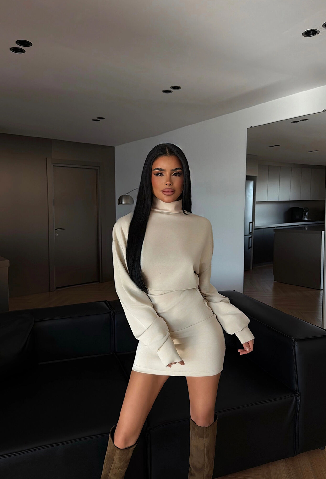 Beige Dress Bodycon Mini Long Sleeve Turtle Neck - Brand: EYYO ATELIER - Women & Kids, Baby Clothes Wholesale - TheBS Women