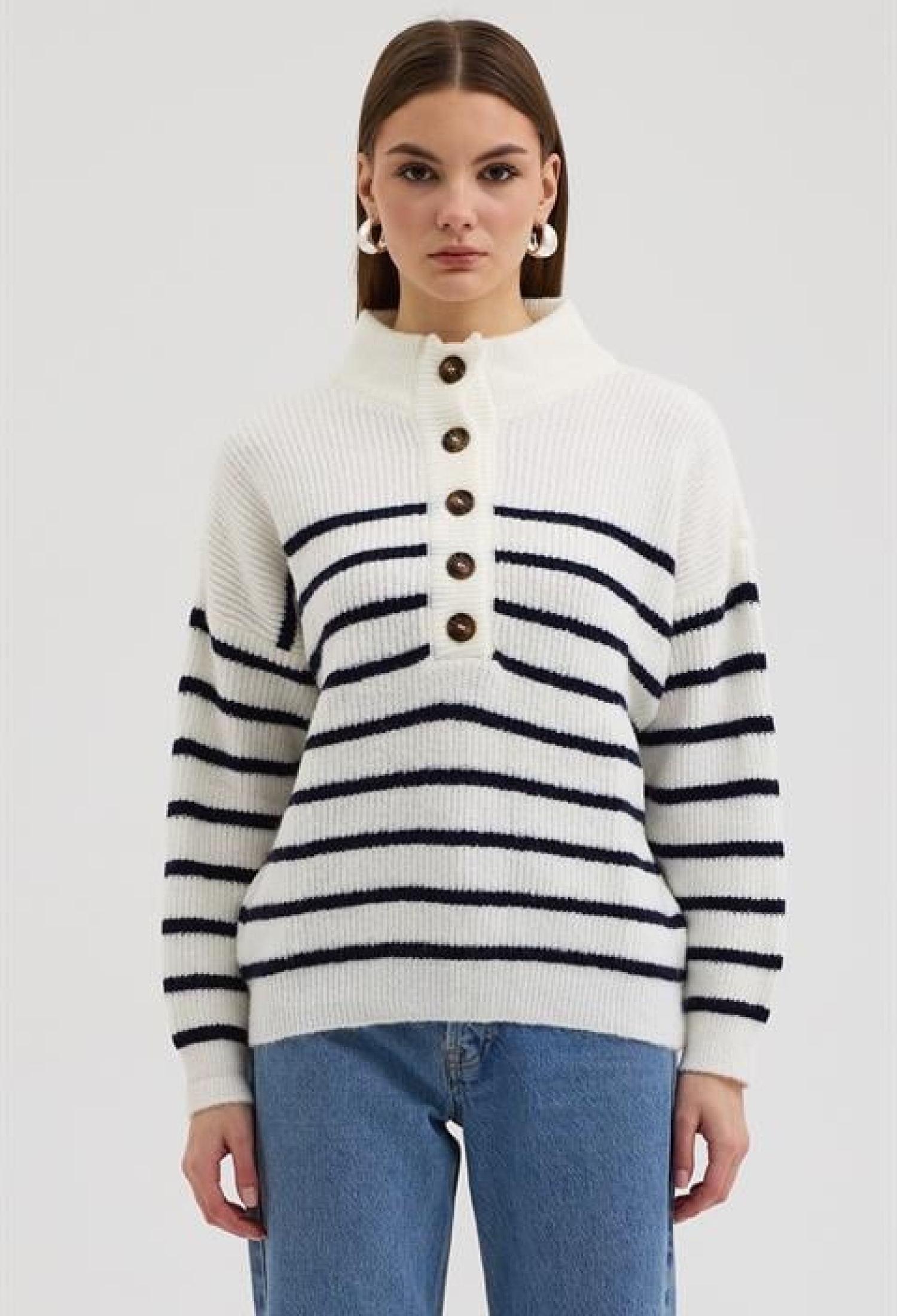 White Striped Polo Neck Regular Fit Sweater - Brand: Sobe Istanbul - Women & Kids, Baby Clothes Wholesale - TheBS Women