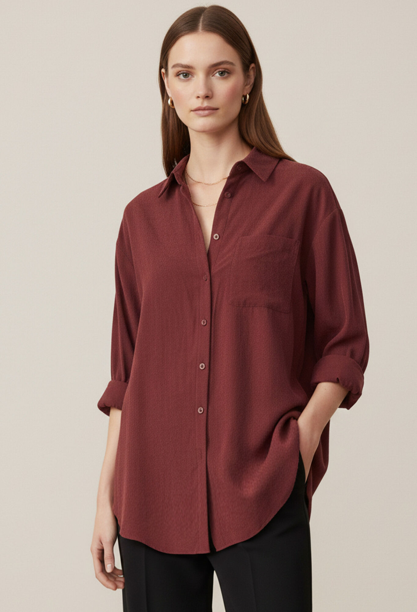 Claret Red Shirt With Notched Neck And 3/4 Sleeves - Brand: Puane - Women & Kids, Baby Clothes Wholesale - TheBS Women