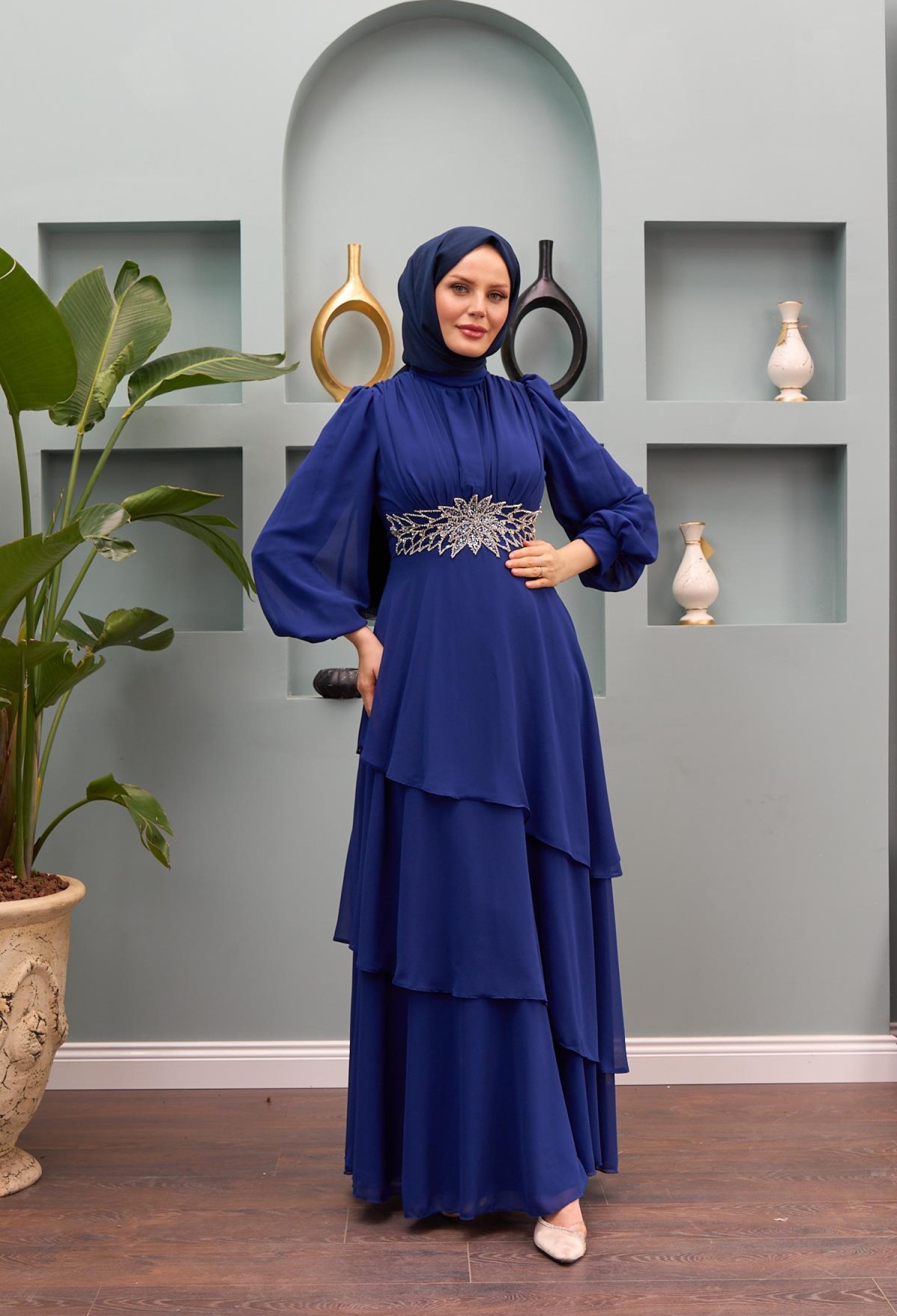 Aslıhan Belt Embroidered Layered Evening Dress - Saks Blue - Brand: Hulya Keser - Women & Kids, Baby Clothes Wholesale - TheBS Women