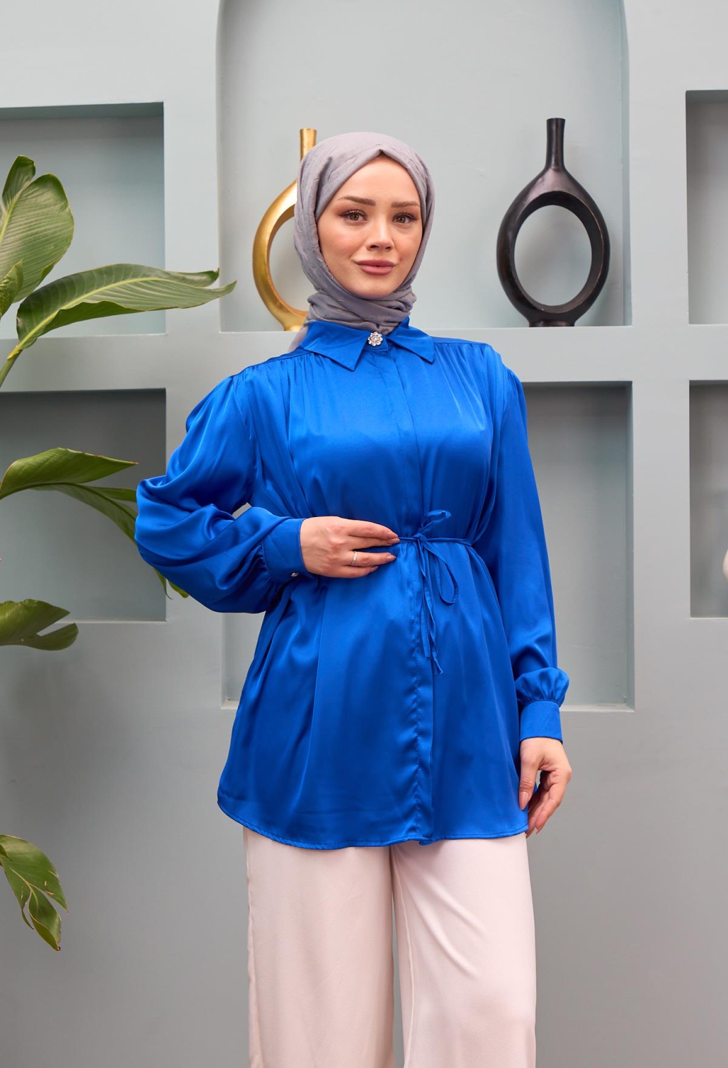 Gamze Waist Tied Satin Shirt - Saks Blue - Brand: Hulya Keser - Women & Kids, Baby Clothes Wholesale - TheBS Women